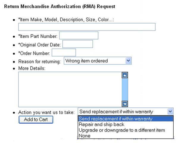 Sample RMA or RGA Web Request Form